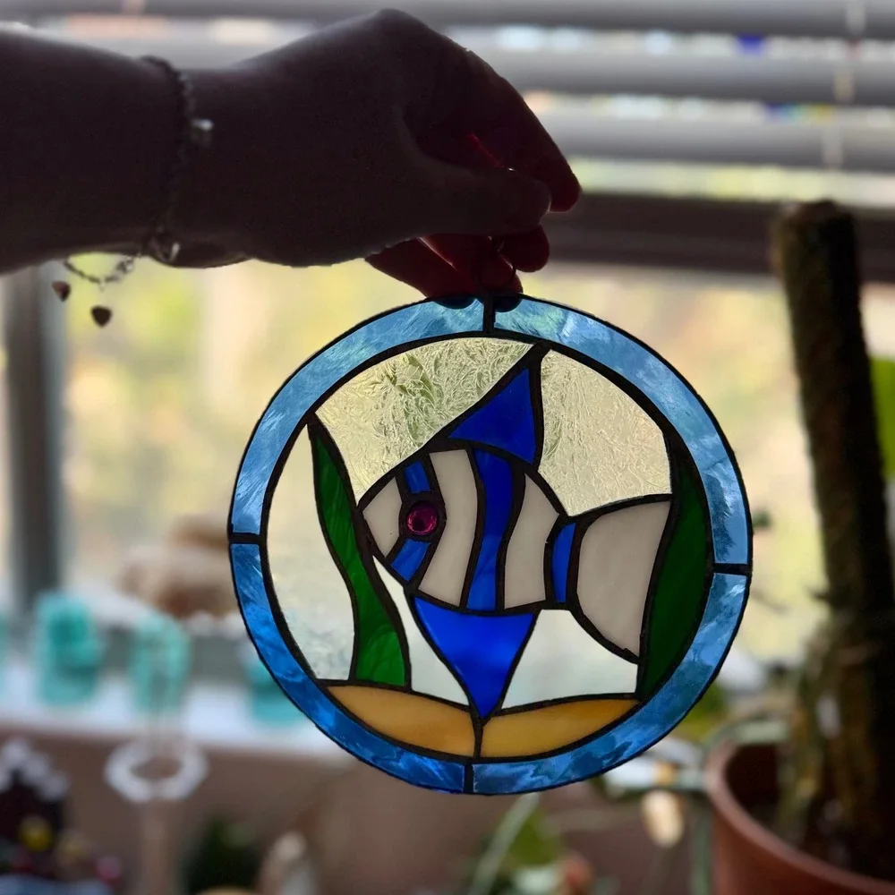 Vintage Stained Glass Fish Suncatcher Blue White Tropical Nautical Window Art